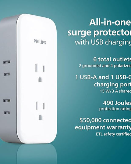 Philips All-in-One Surge Tap with USB, 2 Grounded & 4 Polarized Outlets, 1 USB-C & 1 USB-A Port (15W Shared), 490 Joules, ETL Certified, White/Gray, SPP3503GW/37