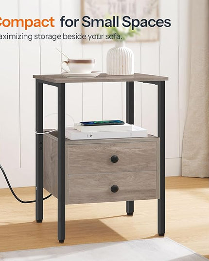 HOOBRO End Table with Charging Station, Bedside Table with 2 Drawer & USB Port & Type-C Port, Nightstand for Small Spaces, Stable and Sturdy, for Living Room, Greige and Black BG43UBZ01