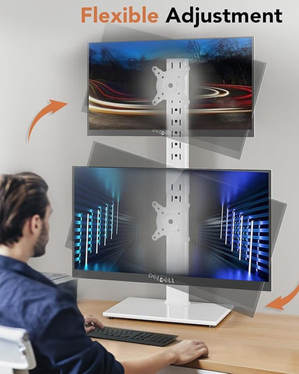 Dual Monitor Stand - Vertical Stack Screen Free-Standing Monitor Riser Fits Two 13 to 34 Inch Screen with Swivel, Tilt, Height Adjustable, Holds One (1) Screen up to 44Lbs HT05W-002 White