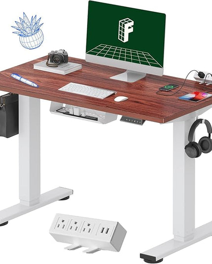 FLEXISPOT EN1 Essential Adjustable Height Desk Electric 40 inch X 24 inch Whole-Piece Desktop Small Standing Desk Ergonomic Memory Controller (White Frame + 40 inch Mahogany Desktop)