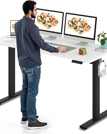 SANODESK Electric Standing Desk 60 x 24 Inches Whole-Piece Desktop Height Adjustable Stand Up Desk w/6-Button Controller Ergonomic Computer Desk for Home Office, Black Frame + White Tabletop
