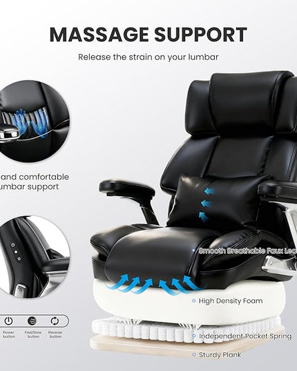 750lbs Heavy Duty Desk Chair with 3D Kneading Massage, Big and Tall Office Chairs with Ergonomic Support, 4D Armrests, 5 Quiet Dual Rubber Wheel, Thick Pocket Spring Cushion(Black, PU)