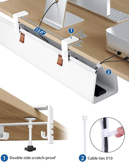 Zilink Under Desk Cable Management 30" No Drill Desk Cable Management Tray Clamp/Screw Mount Cable Tray Sturdy Waterproof Fabric Cord Organizer for Office, Home, White