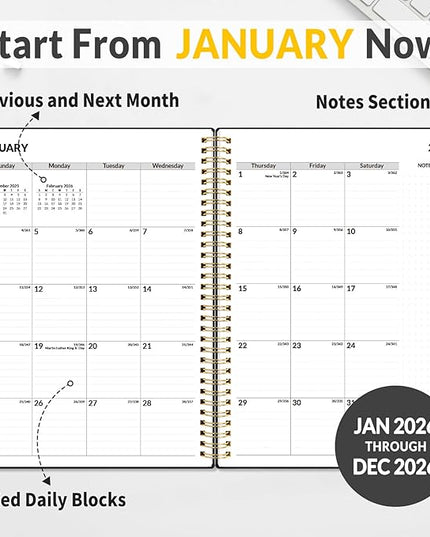 SUNEE 2026 Appointment Book 15-Minute Time Block - Daily, Weekly & Monthly Spiral Planner with Note Section - Thick Paper, Lay-Flat Bound - 8.5 x 11 for Office, School, Men & Women, Black