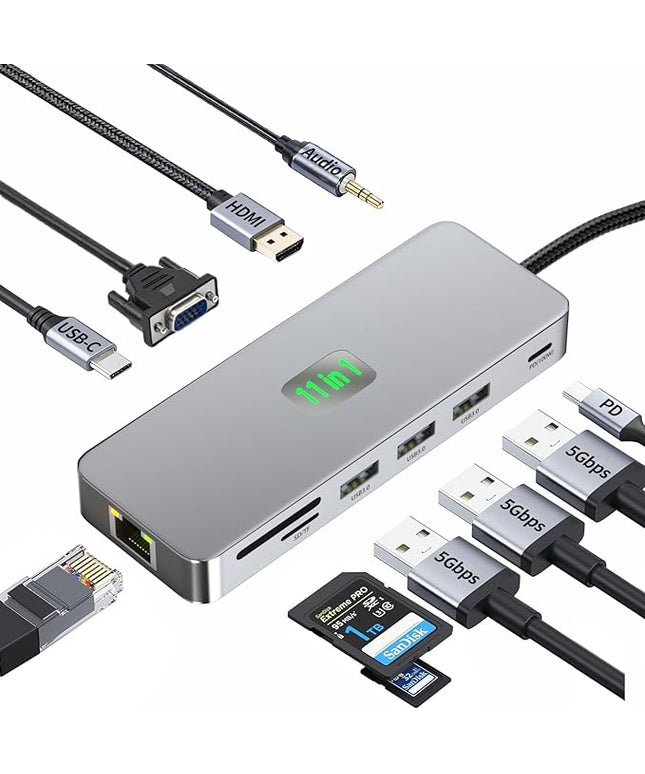 USB C Docking Station Dual Monitor 11 in 1, 4K@60Hz HDMI & DisplayPort Hub with Gigabit Ethernet, 100W PD, USB 3.0, USB C, SD/TF Card Reader, Compatible with MacBook, Dell, HP, Lenovo, Surface