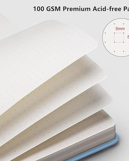 RETTACY Bullet Dotted Journal Notebook, 192 Pages, A5 Medium Size (5.7'' x 8.3''), Leather Hardcover, 100 GSM Thick Paper, for Bullet Journaling, Planning, Tracking (Light Blue)
