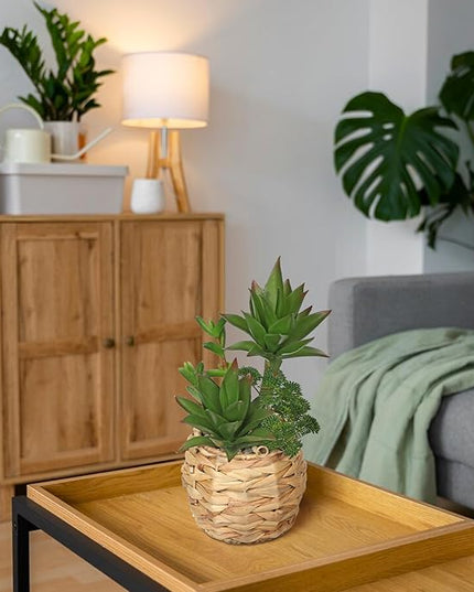 10" Large Succulents Plants Artificial in Wooden Pots, Fake Succulents in Woven Pots, Faux Succulent Artificial Plants Indoor for Home, Bedroom, Living Room, Bathroom Desk Shelf Table Decor