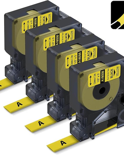 Industrial Labels Replace for DYMO 18056 A18056 12mm Heat Shrink Tube Label Compatible with DYMO Rhino 4200, 5200, 5000, 6000, 6000+ Industrial Label Maker, Black on Yellow, 1/2" x 4.9',4-Pack