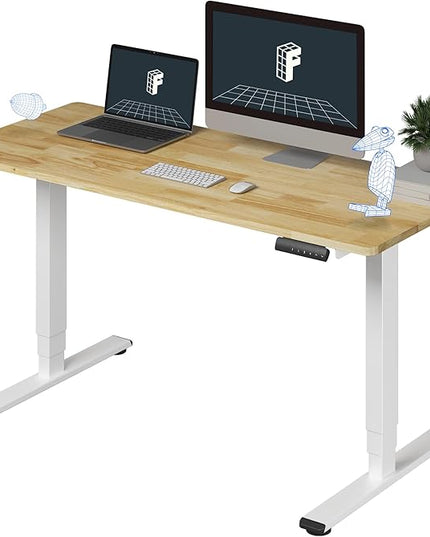 FlexiSpot E6 Solid Wood 3-Stage Dual Motor 55 x 24 Electric Standing Desk, Holds 220 lbs, Adjustable Height w/ Memory Presets, Butcher Block Rubberwood Desktop & White Frame, Ships in 2 Boxes