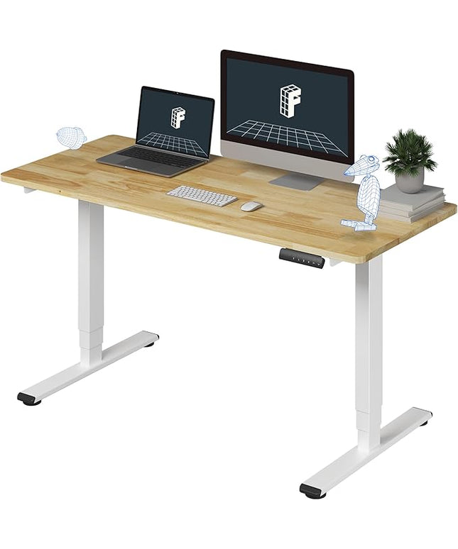 FlexiSpot E6 Solid Wood 3-Stage Dual Motor 55 x 24 Electric Standing Desk, Holds 220 lbs, Adjustable Height w/ Memory Presets, Butcher Block Rubberwood Desktop & White Frame, Ships in 2 Boxes