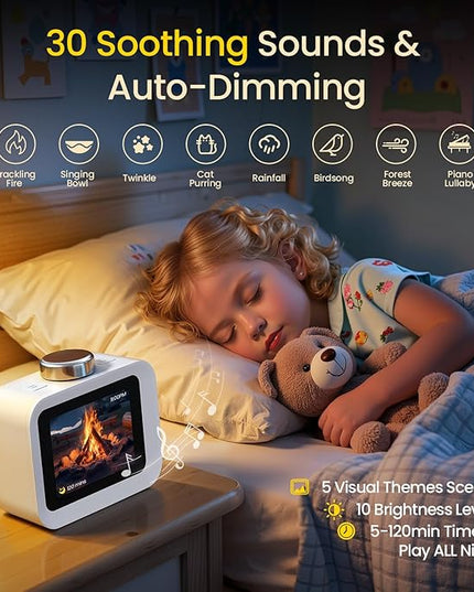 AIRIVO Alarm Clock, Colorful LCD Display with 8 Visual Themes, 4 Digital Alarms with 30 White Noise for Bedrooms, 112dB Loud Alarm Clock with Hourly Chime for Heavy Sleepers, Gift for Kids Teens