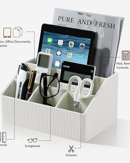 Cretkhp Remote Control Holder with 5 Compartments for Office Art Supplies, PU Leather Nightstand Organizer Pencil Pen Desk Caddy for Home, Desktop TV Remote Control Organizer Storage (Striped Ivory)