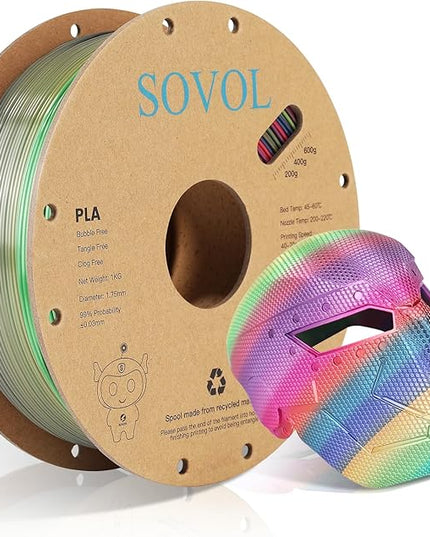 Sovol 3D Printer Silk Shiny Multicolored Fast Gradient Change Rainbow PLA 1 kg (2.2 lbs) Spool 3D Printing Materials, Wiring Tightness, Dimensional Accuracy +/- 0.03 mm, 1.75 mm, Red Rainbow