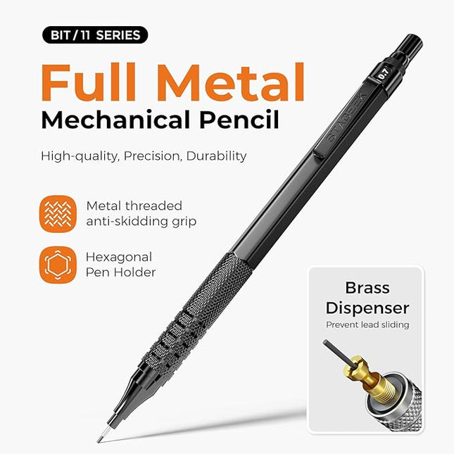 STAGEEK 35PCS Black Art Mechanical Pencil Set in Case，0.5 0.7 0.9 2.0 Graphite Metal Drawing Drafting Pencils, Sharpener Erasers 384PCS Lead Refills (6B 4B 2B HB 2H 4H Colors) for Writing Sketching