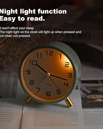 Tetino Analog Alarm Clocks,Retro Metal Desk Silent Non Ticking Small Clock with Night Light,Battery Operated,Simple Design,for Bedrooms, Bedside,Office,Home Décor (Green)