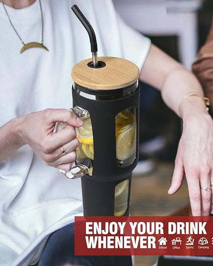 Glass Tumbler with Lid and Straw, 46 oz Iced Coffee Cup with Handle, Large Water Bottles with Silicone Sleeve, Glass Cup with Straws - Pearl Straw & Drinking Straw BPA Free-Black