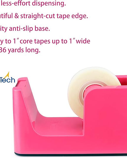 ABEL SimpleWork Desktop Tape Dispenser, Pink, 1 in Core, Non-Skid Weighted Base, Tape Cutter for Office, Home, School, and Crafts