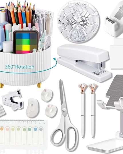 Office Supplies,Desk Accessories,with Stapler,Tape Dispenser,Staple Remover,Scissor,Ballpoint Pen,Sticky Notes,Clear Tape,Staples,Desk Organizer,Phone Stand,Binder,Index Tabs,Best Gift Set(White)