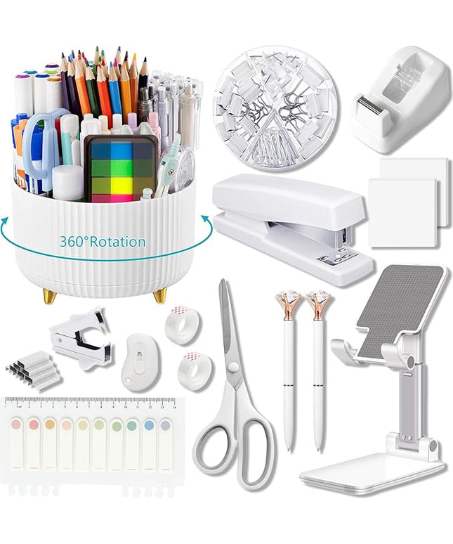 Office Supplies,Desk Accessories,with Stapler,Tape Dispenser,Staple Remover,Scissor,Ballpoint Pen,Sticky Notes,Clear Tape,Staples,Desk Organizer,Phone Stand,Binder,Index Tabs,Best Gift Set(White)