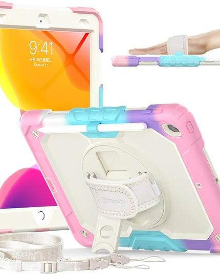 Timecity Case for iPad 9th/ 8th/ 7th Generation 10.2 inch - Heavy Duty Protective Cover with Screen Protector, Rotating Stand, Shoulder Strap & Pencil Holder | Kids-Friendly (Pink Camo)
