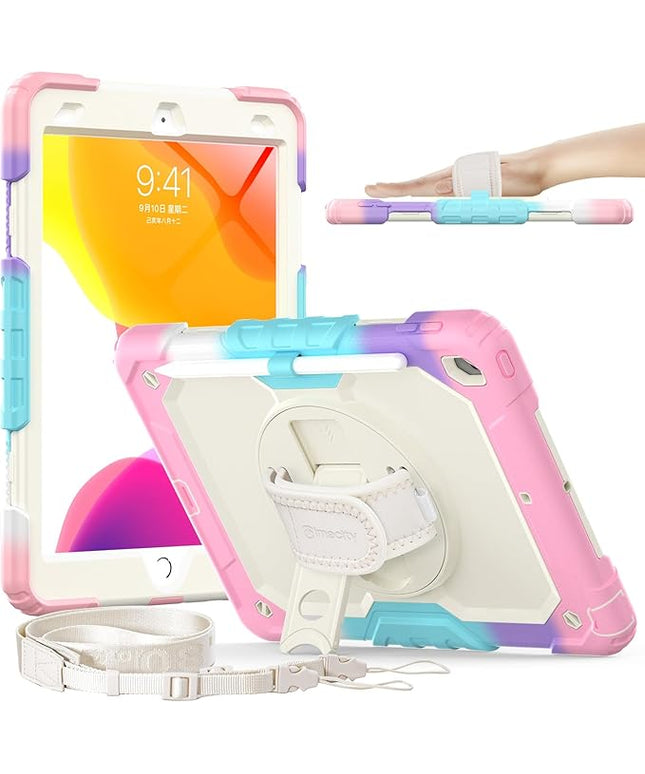 Timecity Case for iPad 9th/ 8th/ 7th Generation 10.2 inch - Heavy Duty Protective Cover with Screen Protector, Rotating Stand, Shoulder Strap & Pencil Holder | Kids-Friendly (Pink Camo)