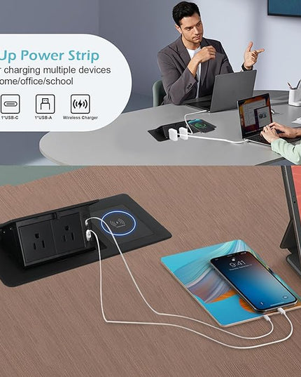 Pop Up Outlet with 15W Wireless Charger, Power Strip with 2 AC Outlets, USB A and USB C Charging Ports Recessed Multimedia Strip Socket Hidden Table Connection Box with Outlet (Black-F-Wireless)