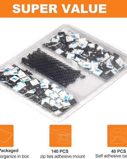 140 Pack 3/4" Zip Tie Adhesive Mounts Self Adhesive Cable Base Holders with Multi-Purpose Tie wire clips with screw hole,Anchor stick on wire holder,Black