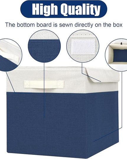 Large 17" 42 Quarts Collapsible Stackable Storage Bins with Lids [3-Pack] Foldable Fabric Linen Storage Boxes Cube, Closet Organizer Baskets with Label for Home (16.7 x 12 x 12", Navy Blue & White)