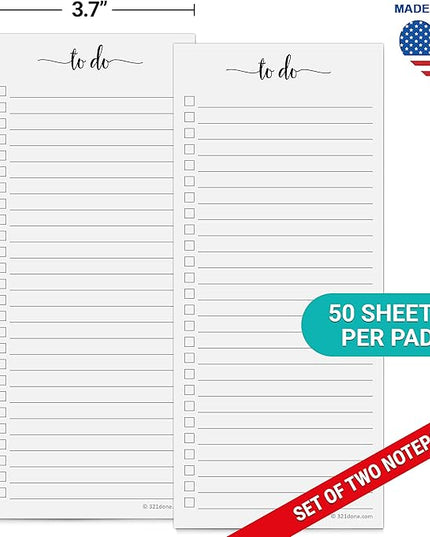321Done To Do List Notepad 2-Pack, 3.7 x 8.5 (1/3 Sheet Slim Handheld Size) - Made in USA, Simple Stylish To-Dos Memo Pad for Planning, Tasks, Appointments, Reminders, Home, Office - Wide-Ruled