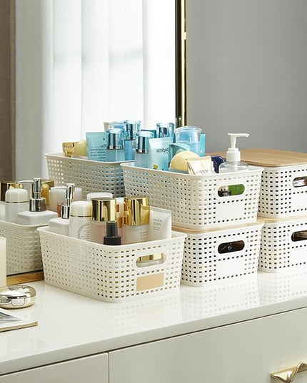 Small Plastic Storage Bins with Bamboo Lids 5.2qt Stackable Box Basket Pantry Decorative Containers Cute with Lable for Organizing Desktop Closet Office Cream White of 6 packs 10*7.2*4.1'’