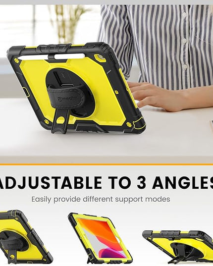Timecity Case for iPad 9th/ 8th/ 7th Generation 10.2 inch - Heavy Duty Protective Cover with Screen Protector, Rotating Stand, Shoulder Strap & Pencil Holder | Kids-Friendly (Yellow)
