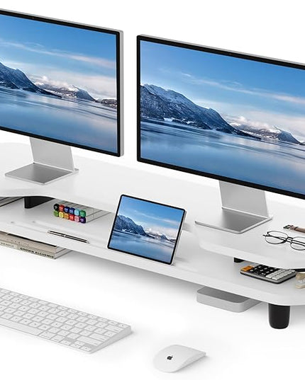 2 Tier Dual Monitor Stand Riser,Wider Board Computer Monitor Stand for 2 Monitors,Slot For Phone/Tablet Office Desktop Organizer for Laptop,PC,Computer,Printer,White