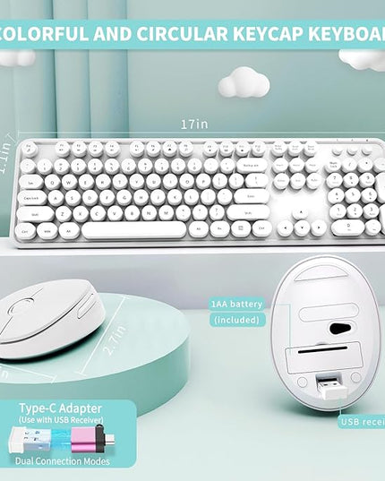Wireless Keyboard and Mouse Combo, Ergonomic Full Size Typewriter Retro Round Keycaps Keyboard, Compatible with Windows, PC, Perfer for Home and Office Keyboards（White）