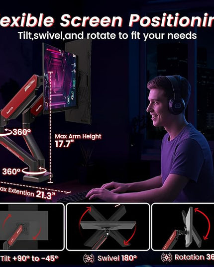 Dual Monitor Mount Gaming for Computer Screen 13-32" and up to 22 lbs,360° Rotation,+90° to -45° Tilt,180° Swivel,with C Clamp and Grommet Base,Integrated Cable Management,75x75/100x100 VESA,RED
