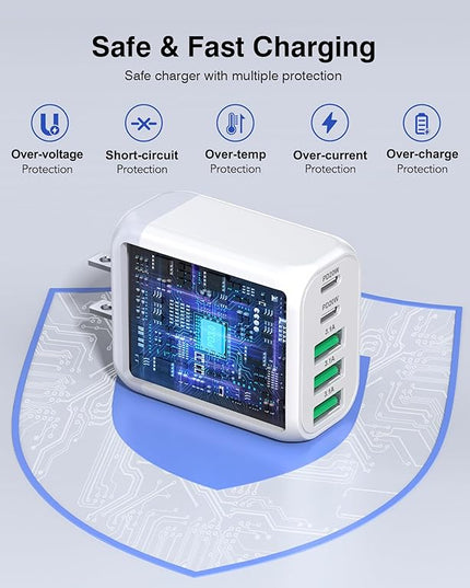 USB C Wall Charger Block, 2Pack 60W 5-Port C Charger Fast Charging Block PD Power Adapter +QC 3.0 Multiport Type C Box Brick Cube USB A Wall Plug for iPhone 15/16/17 Pro Max Plus, iPad,Samsung Galaxy