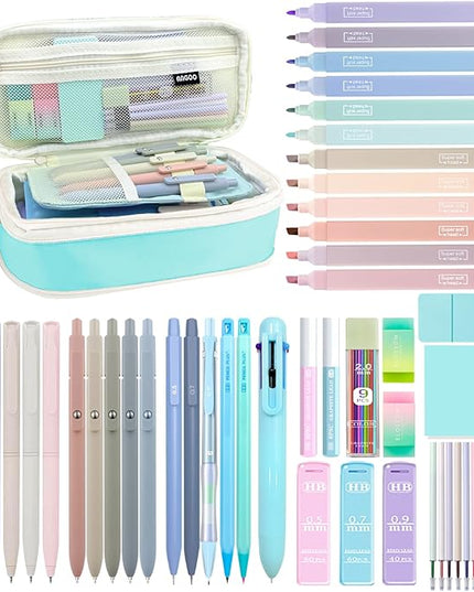 54pcs Aesthetic School Supplies Cute Stationary Set with Pencil Case 12 Highlighters, 5 Black & 6 Color Ink Gel Pens, 6-in-1 Ballpoint Pen,5 Mechanical Pencils 0.5-2.0mm for College Essentials (Blue)