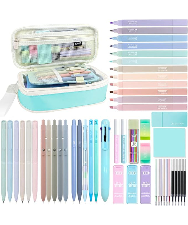 54pcs Aesthetic School Supplies Cute Stationary Set with Pencil Case 12 Highlighters, 5 Black & 6 Color Ink Gel Pens, 6-in-1 Ballpoint Pen,5 Mechanical Pencils 0.5-2.0mm for College Essentials (Blue)