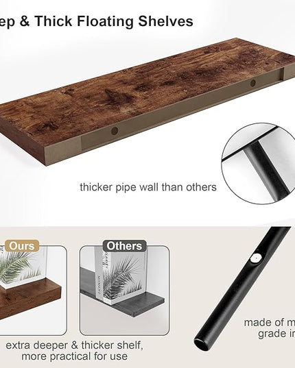 12" Deep Rustic Brown Floating Shelves,Over Toilet Long Wall Mounted Modern Farmhouse 36 inches,Wall Shelves with Invisible Brackets for Bedroom, Bathroom, Living Room, Kitchen, Set of 1