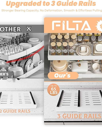 FILTA 2Pack Expandable Pull-Out Cabinet Organizer 21" Deep Slide Out Drawers, Upgrade 3 Slide Rails, Adjustable Width 12.4”-20.4”, With Screws and Nano Film Adhesive, White