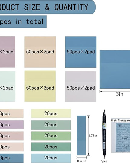 800Pcs Transparent Sticky Notes, 3"x3" Clear Sticky Notes, Waterproof Translucent Sticky Note Pads for Books Annotation, Clear Post it Notes for Bible Study, School, Office（Morandi）
