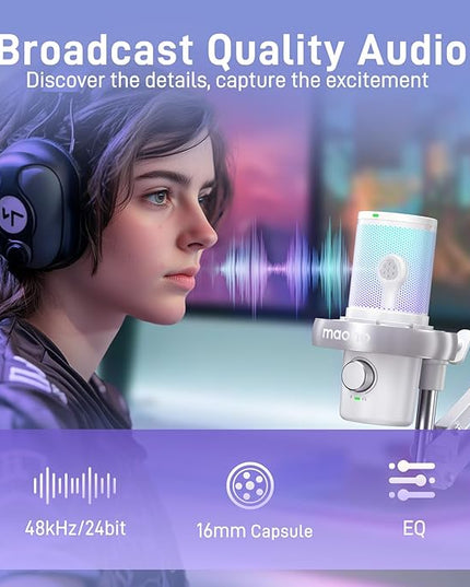 MAONO Wireless Microphone for PC, Condenser USB Mic with Software AI Voice Change,3-Level Noise Cancellation,Custom EQ, RGB Gaming Streaming Mic for Podcast PS5 PS4 Twitch YouTube (DM40 Pro-White)