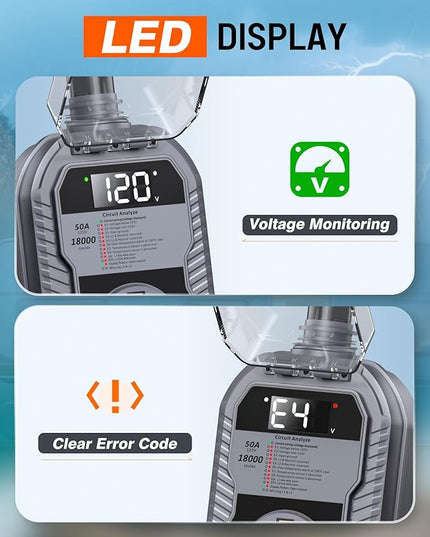 18,000J RV Surge Protector 50 Amp with LED Display, 50 Amp Surge Protector for RV with Voltage Monitoring, Clear Error Codes, Comprehensive Detection, IP68 Waterproof