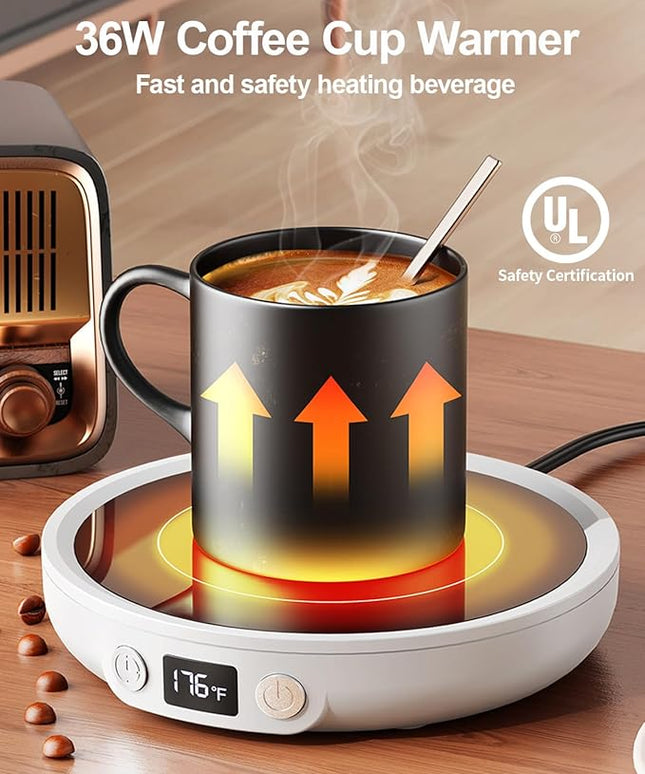 SWEETFULL Mug Warmer - Upgraded 36W Coffee Cup Warmer for Desk with 130℉-176℉ Digital Display, 2-12H Timer Auto Shut Off, Smart Electric Coffee Heating Plate, Ideal Gifts for Women Men - White
