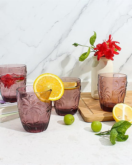 M&N HOME Colored Whiskey Glasses, Set of 4 Colorful Drinking Glasses, 9 Oz Coconut Cups, Glass Tumblers, Glass Cups for Water and Juice, Tiki Cups, Tropical Themed Glassware Set - PURPLE SET
