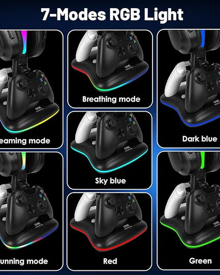 Controller Charger with RGB Headphone Stand for Xbox Series X/S/One,/One S/X, XSX Controller Charger Station, Headset and Controllers Stand Holder for Xbox, Gaming Gifts for Gamers Men