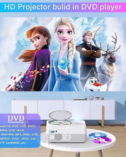 Full HD WiFi Bluetooth Projector Built in DVD Player, 12000LM 1080P Supported, Portable Mini DVD Projector for Outdoor Movies, 250" Home Theater, Compatible with iOS/Android/TV Stick/PS4/HDMI/USB/TF