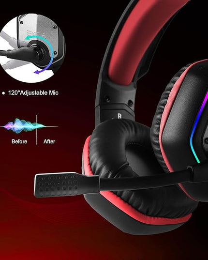 EKSA E1000 Gaming Headset, Computer Headphones with Noise Canceling Mic & RGB Light, 7.1 Surround Sound, Compatible with PC, PS4 PS5 Console, Laptop (Red)