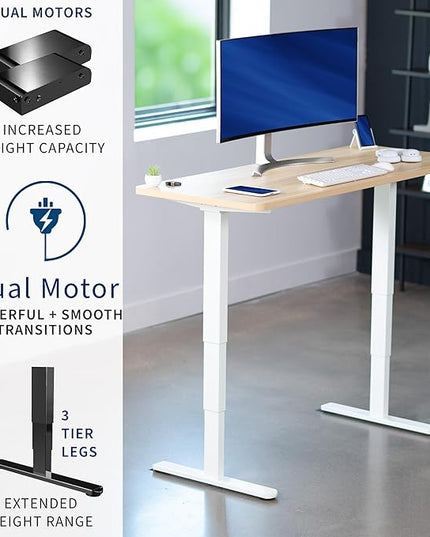 VIVO Electric 60 x 24 in Dual Motor Sit Stand Desk, Memory Height Adjustment, 2B Series, Light Wood Top White Frame, DESK-KIT-2W6C
