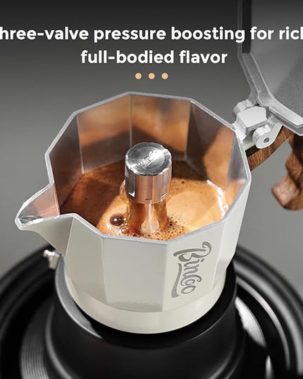 Bincoo Three Valve Espresso Maker Stovetop,Camping Moka Pot 2 Cup/120ML,Stove Top Espresso Italian Coffee Maker