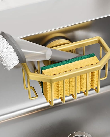 TAILI Sponge Holder for Kitchen Sink with Strong Suction Cup Removable, Rustproof Aluminum Sink Caddy for Sponge, Brush, Scrubber, Scraper -Gold